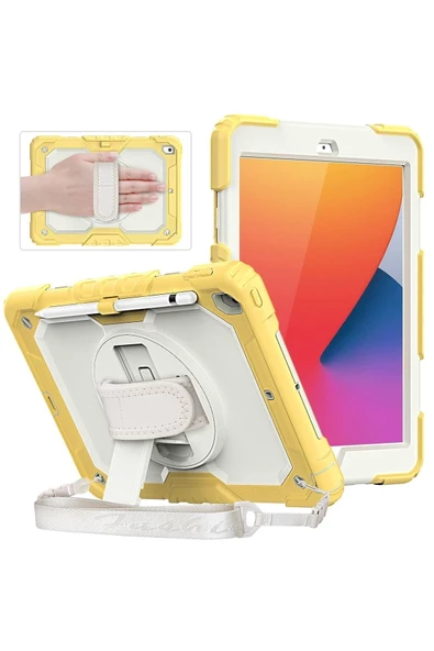 iPad 2019/2020 10.2" 7. 8. Nesil Strap, Kalemlikli Tablet Kılıfı Darbeye Dayanıklı Askılı 360° Kılıf - Resim 2