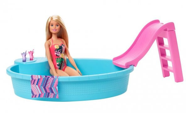 Mattel Barbie ve Eğlenceli Havuzu, 30 cm Boyunda, Sarışın Barbie Bebek ile Kaydıraklı Havuz Oyun Seti ve Aksesuarları GHL91 - 2