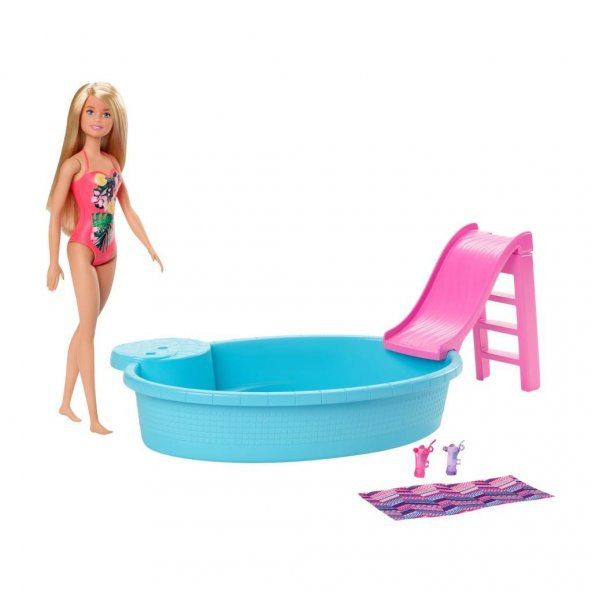 Mattel Barbie ve Eğlenceli Havuzu, 30 cm Boyunda, Sarışın Barbie Bebek ile Kaydıraklı Havuz Oyun Seti ve Aksesuarları GHL91 - 7