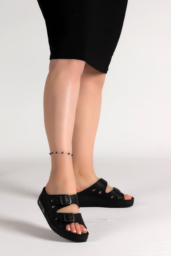 Woggo Günlük Kemerli 5 Cm Topuklu Kadın Terlik Ary 07-043 Siyah