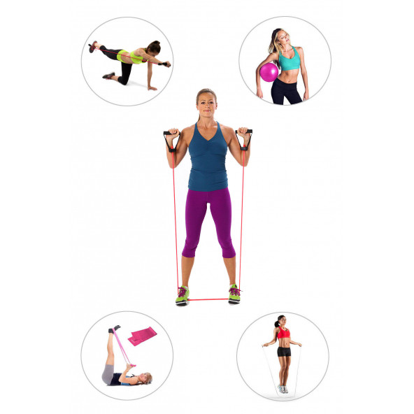 Spor Byfit Yüksek Sert Tutacaklı Direnç Lastiği + Denge Topu + Pilates Bandı + Atlama ipi - 4'lü Set