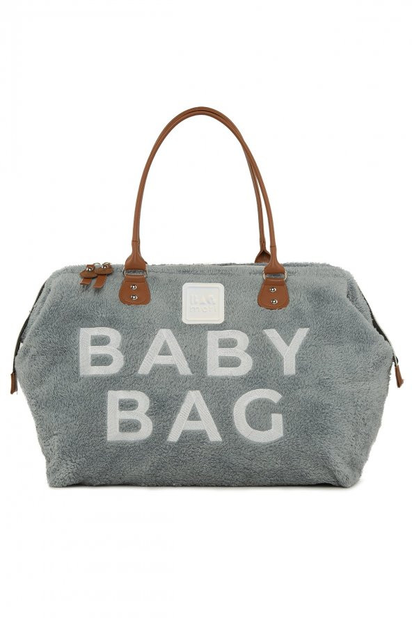 Bagmori Gri Baby Bag Nakışlı Peluş Anne Bebek Çantası