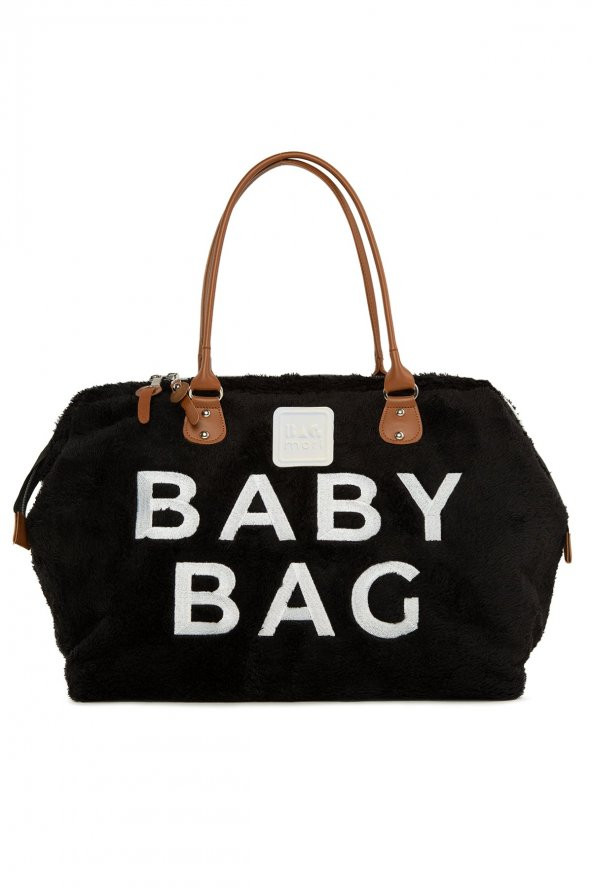 Bagmori Siyah Baby Bag Nakışlı Peluş Anne Bebek Çantası