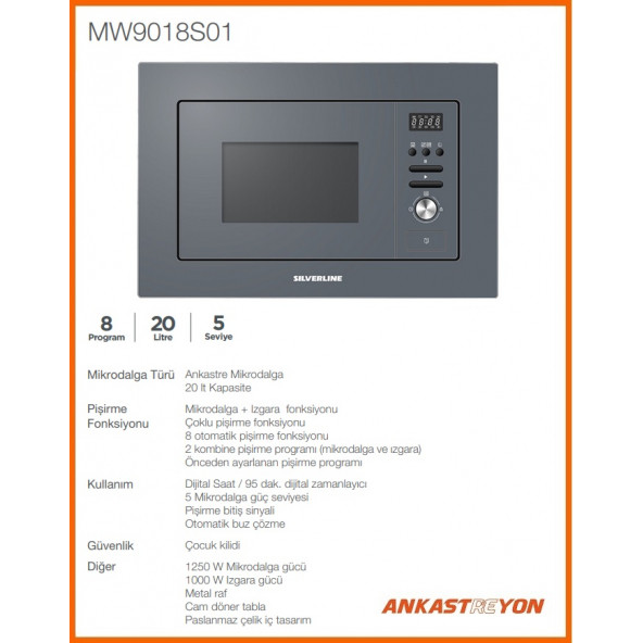 Silverline MW9018S02 Gri cam ankastre mikrodalga - 2