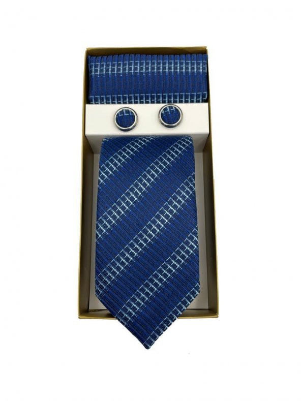 Brianze Mavi Kravat Mendil Kol Düğmesi Kutulu Hediyelik Set