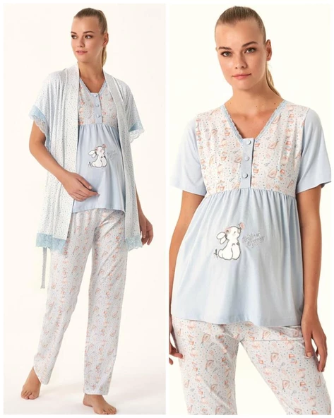 Feyza 4483 Mavi Dantel Detaylı Hamile Lohusa 3 Lü Pijama Sabahlık Tk