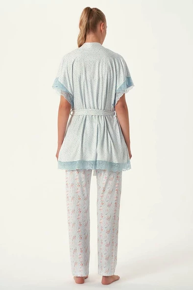 Feyza 4483 Mavi Dantel Detaylı Hamile Lohusa 3 Lü Pijama Sabahlık Tk - Resim 3