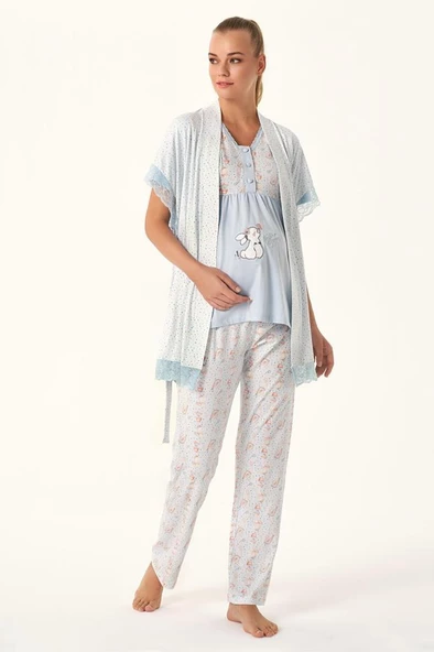 Feyza 4483 Mavi Dantel Detaylı Hamile Lohusa 3 Lü Pijama Sabahlık Tk - Resim 2