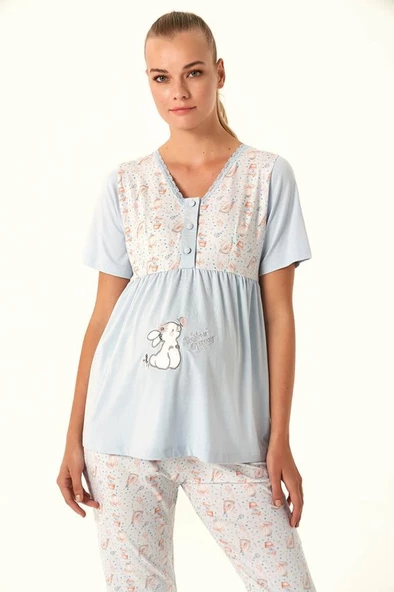 Feyza 4483 Mavi Dantel Detaylı Hamile Lohusa 3 Lü Pijama Sabahlık Tk - Resim 5