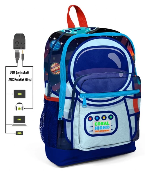 Coral High Mavi Astronot Baskılı İlkokul Sırt Çantası ve Kalemlik Seti - Erkek Çocuk - USB Soketli - Resim 2