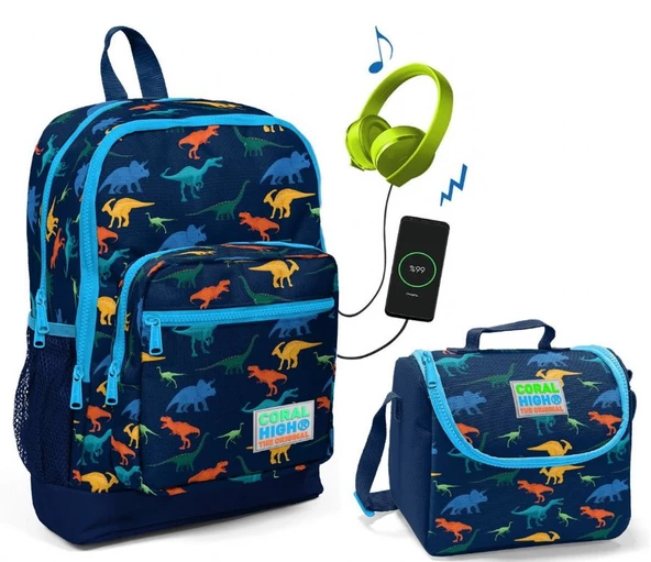 Coral High Dinazor Baskılı Okul Çantası ve Beslenme Çantası Seti - Erkek Çocuk - USB Soketli