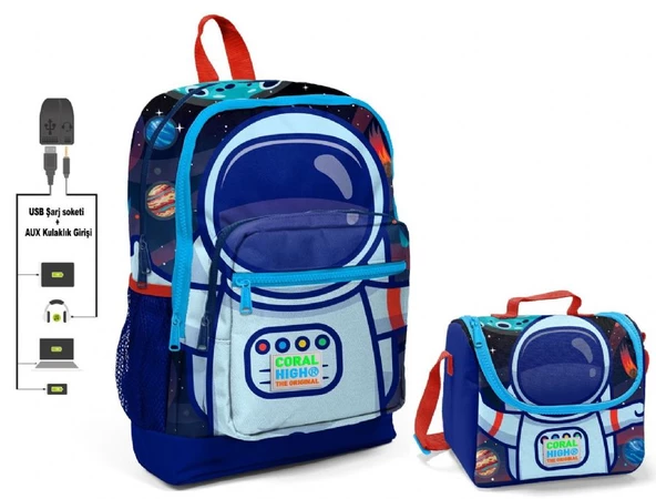 Coral High Mavi Astronot Baskılı Okul Çantası ve Beslenme Çantası Seti - Erkek Çocuk - USB Soketli ürün görseli