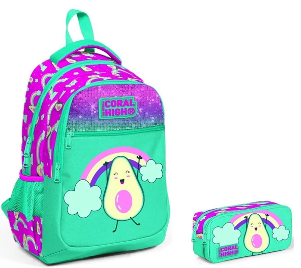 Coral High Kız Çocuk Simli İlkokul Çantası ve Kalemlik Seti - Avokado