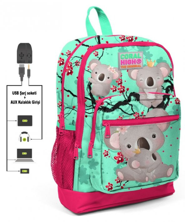 Coral High Kırmızı-Yeşil Koala Baskılı İlkokul ve Günlük Sırt Çantası - Kız Çocuk - USB ve AUX Soketli
