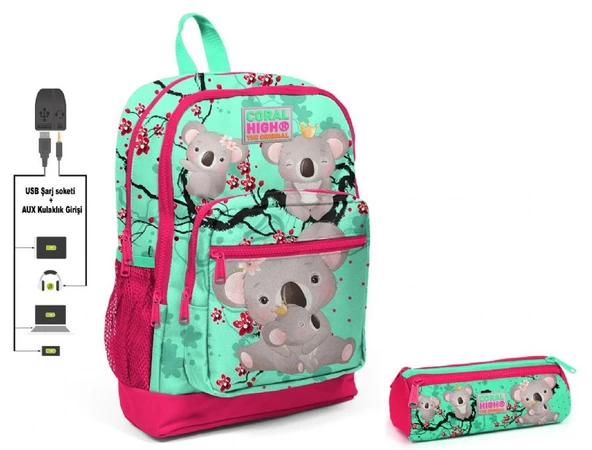 Coral High Yeşil Koala Baskılı İlkokul Sırt Çantası ve Kalemlik Seti - Kız Çocuk - USB Soketli ürün görseli