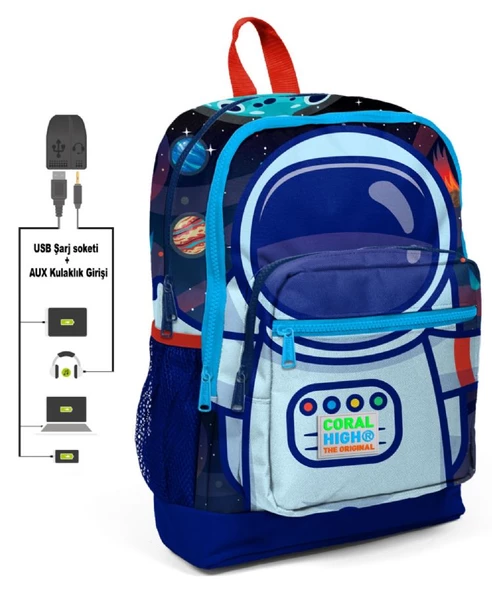 Coral High Mavi Astronot Baskılı İlkokul ve Günlük Sırt Çantası - Erkek Çocuk - USB ve AUX Soketli