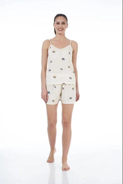 Estiva 22022 Kadın Yaprak Desenli Viskon Askılı Şortlu Pijama Takımı