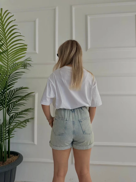 Kadın Plise Detaylı Kot Şort Buz Mavi - 4