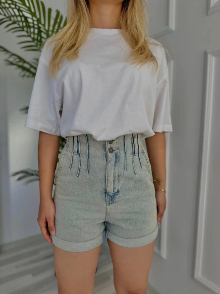 Kadın Plise Detaylı Kot Şort Buz Mavi - 2