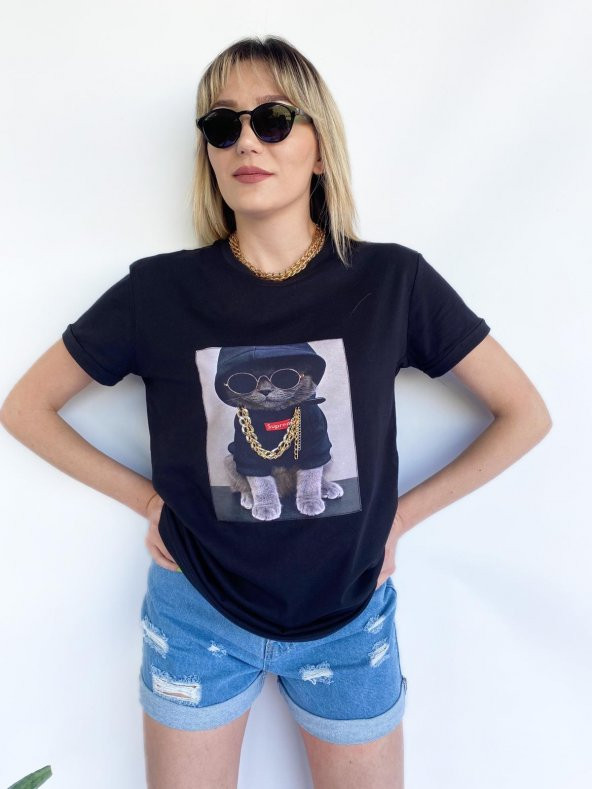 Kadın Ayıcık Baskılı Tshirt Siyah - 5