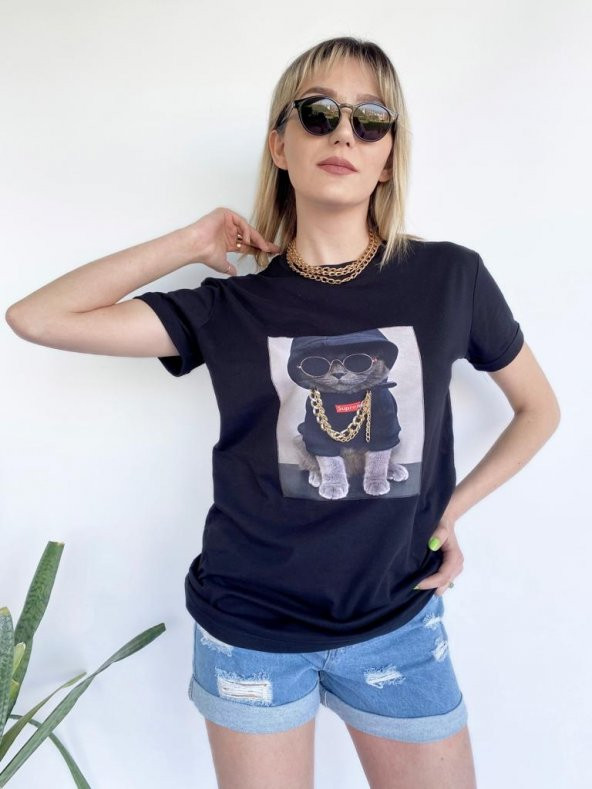 Kadın Ayıcık Baskılı Tshirt Siyah - 6