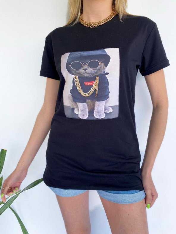 Kadın Ayıcık Baskılı Tshirt Siyah - 7