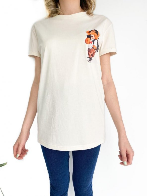 Kadın Ayıcık Baskılı Basic Tshirt Ekru - 3