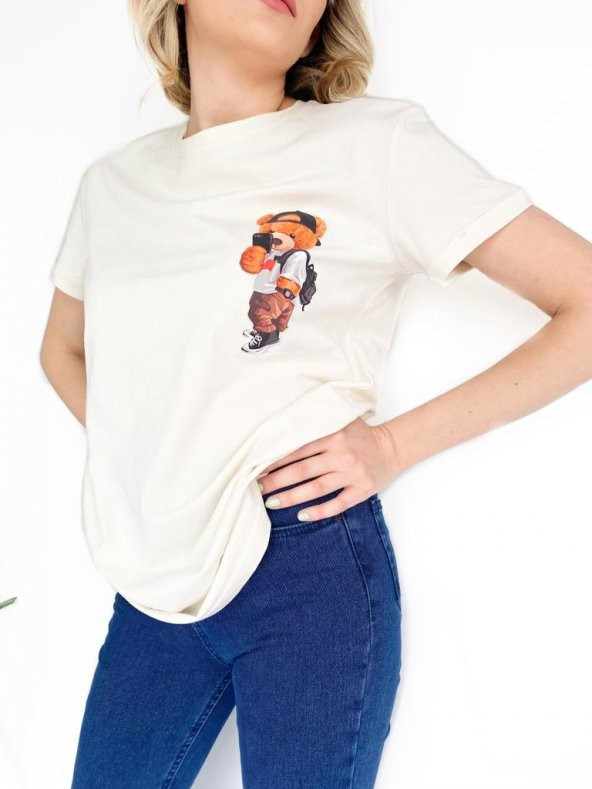 Kadın Ayıcık Baskılı Basic Tshirt Ekru - 8