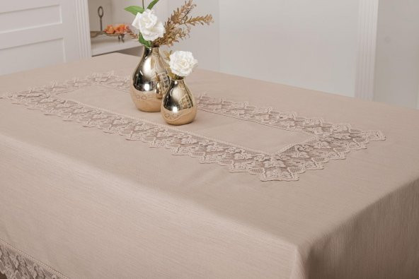 Finezza Esra Lüx Dantelli Keten Kumaş Bej Masa Örtüsü 160x230 cm - 1117 - 2