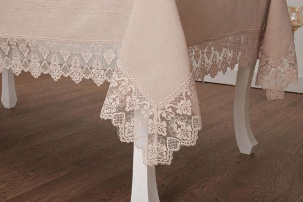 Finezza Esra Lüx Dantelli Keten Kumaş Bej Masa Örtüsü 160x230 cm - 1117 - 5