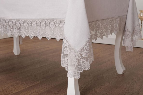 Finezza Esra Lüx Dantelli Keten Kumaş Gri Masa Örtüsü 160x230 cm - 1118 - 5