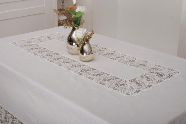 Finezza Esra Lüx Dantelli Keten Kumaş Krem Masa Örtüsü 160x230 cm - 1119 - 2