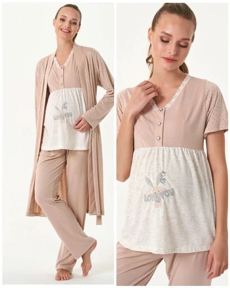 Feyza 4481 Sütlü Kahve Hamile Lohusa Spor 3 Lü Pijama Takımı - 5