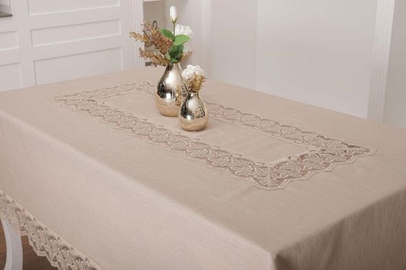 Finezza Beril Lüx Dantelli Keten Kumaş Bej Masa Örtüsü 160x230 cm - 1121 - 2