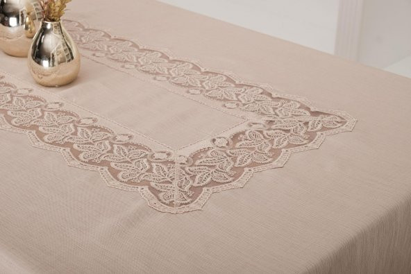 Finezza Beril Lüx Dantelli Keten Kumaş Bej Masa Örtüsü 160x230 cm - 1121 - 3