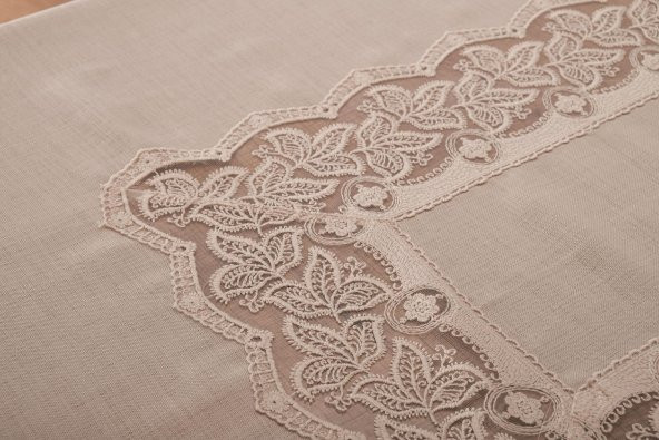 Finezza Beril Lüx Dantelli Keten Kumaş Bej Masa Örtüsü 160x230 cm - 1121 - 4