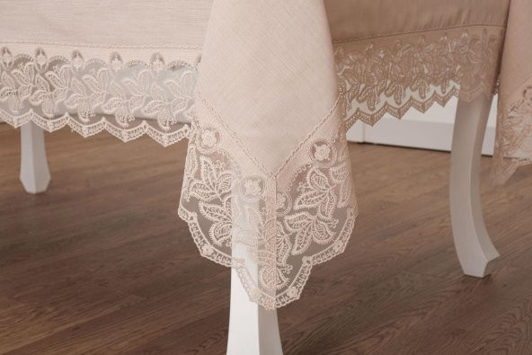 Finezza Beril Lüx Dantelli Keten Kumaş Bej Masa Örtüsü 160x230 cm - 1121 - 5