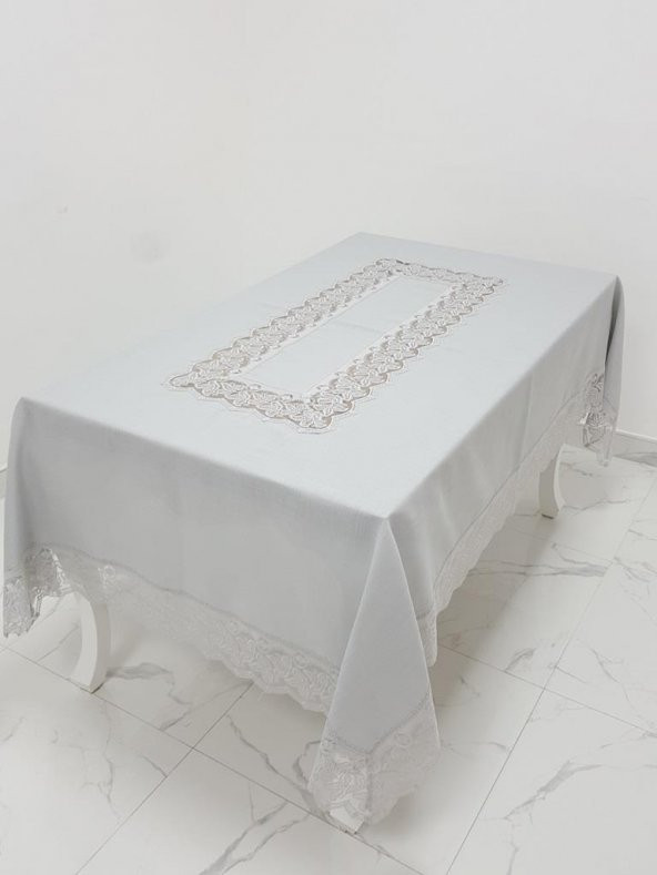 Finezza Beril Lüx Dantelli Keten Kumaş Gri Masa Örtüsü 160x230 cm - 1122