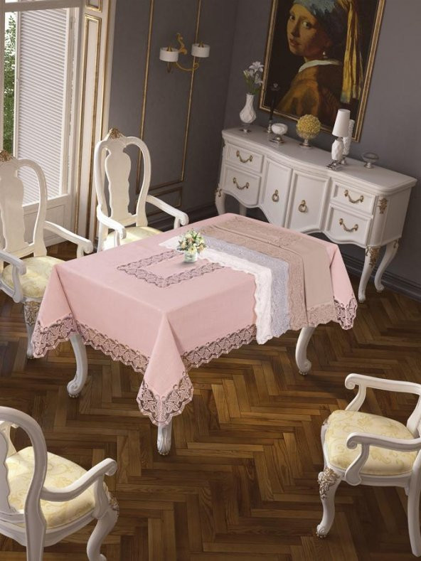 Finezza Beril Lüx Dantelli Keten Kumaş Gri Masa Örtüsü 160x230 cm - 1122 - 2
