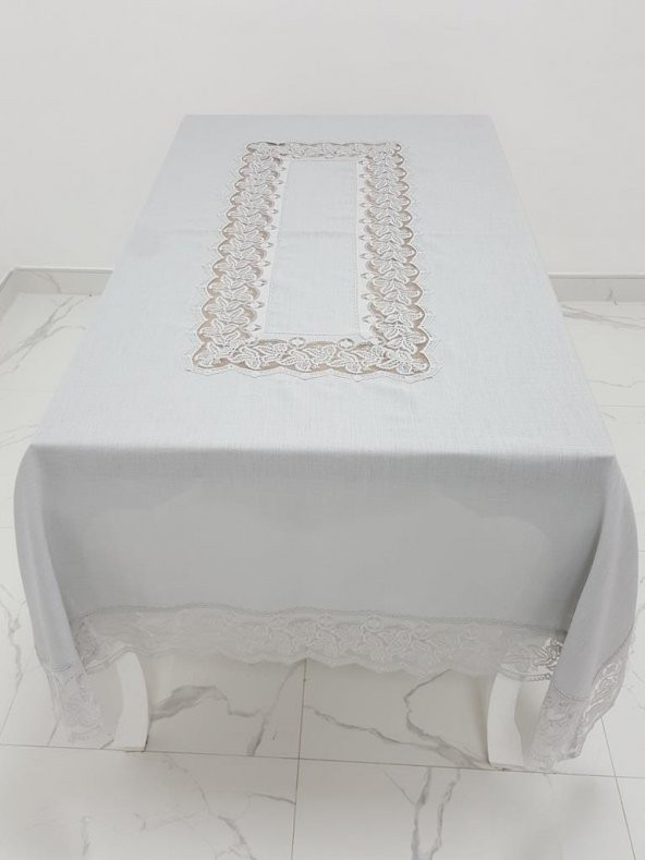 Finezza Beril Lüx Dantelli Keten Kumaş Gri Masa Örtüsü 160x230 cm - 1122 - 3
