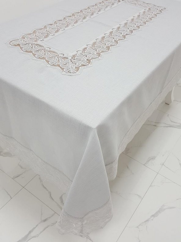 Finezza Beril Lüx Dantelli Keten Kumaş Gri Masa Örtüsü 160x230 cm - 1122 - 4