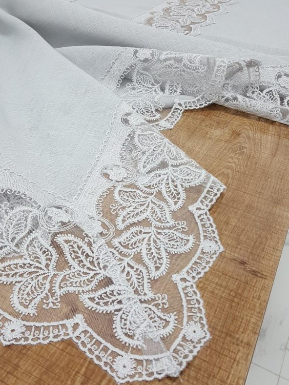 Finezza Beril Lüx Dantelli Keten Kumaş Gri Masa Örtüsü 160x230 cm - 1122 - 6