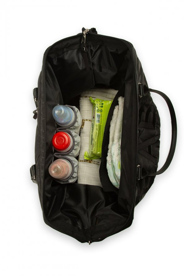Bagmori Siyah Baby Bag Nakışlı Puf Şişme Anne Bebek Bakım Çanta - 5