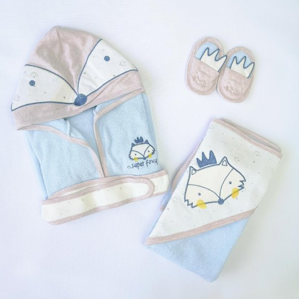 Tilki Nakışlı Mavi Erkek Bebek Bornoz Set