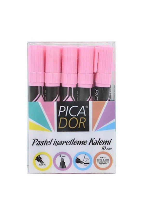 Picatack Fosforlu Kalem Pastel Pembe İşaretleme Kalemi (10 Lu Paket)