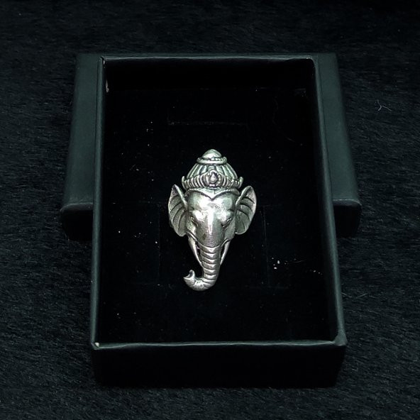 Gümüş Kaplama Pirinç Mitolojik Hint Tanrısı Ganesha Figürlü Ayarlanabilir Yüzük - ZY0010