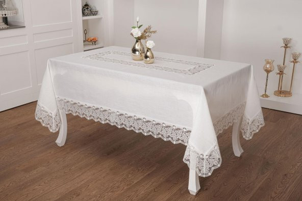 Finezza Beril Lüx Dantelli Keten Kumaş Krem Masa Örtüsü 160x230 cm - 1123