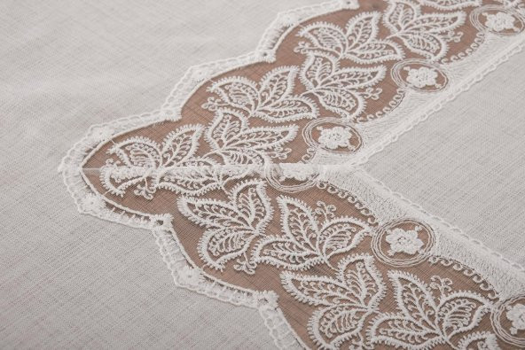Finezza Beril Lüx Dantelli Keten Kumaş Krem Masa Örtüsü 160x230 cm - 1123 - Resim 3