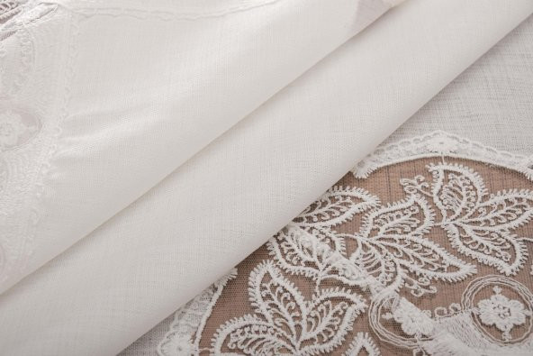 Finezza Beril Lüx Dantelli Keten Kumaş Krem Masa Örtüsü 160x230 cm - 1123 - Resim 7