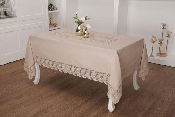 Finezza Narin Lüx Dantelli Keten Kumaş Bej Masa Örtüsü 160x230 cm - 1125
